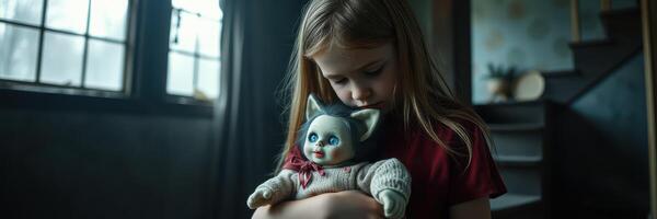 Child holding a vintage doll in a dimly lit room with a staircase and window in the background photo