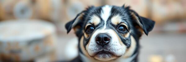 Cute small dog with expressive eyes in a cozy setting surrounded by soft light photo