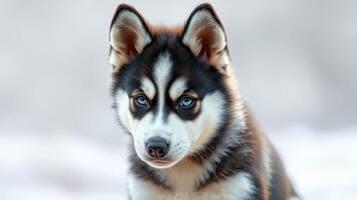 Cute husky puppy with striking blue eyes looking curiously at the camera in a snowy landscape photo
