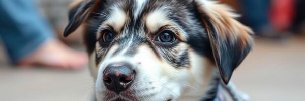 Cute puppy with striking eyes looking curiously at the camera indoors during a gathering photo