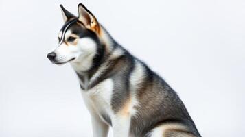 Siberian husky sits elegantly against a neutral backdrop highlighting its striking features and fur pattern photo