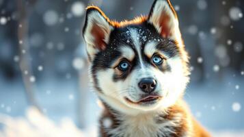 Huskies enjoying a snowy day in a winter wonderland with falling snowflakes all around photo