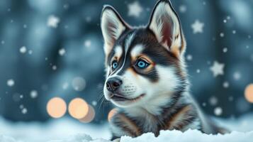 Cute husky puppy enjoying snowy winter day with sparkling snowflakes and soft bokeh background photo