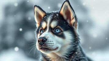 Snowy winter day featuring a husky dog with piercing blue eyes in a serene outdoor setting photo