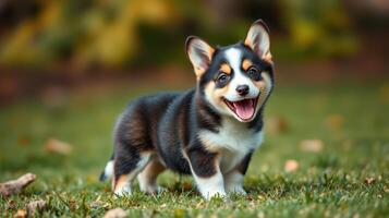 Happy corgi puppy playing in a lush green park during a sunny afternoon photo