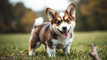 Happy corgi dog playing in a lush green park during a sunny afternoon photo