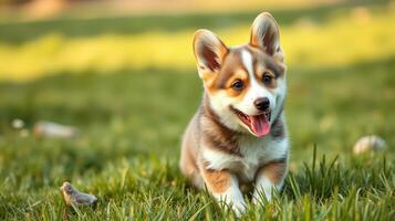 Happy corgi puppy plays in a lush green field during sunny afternoon photo