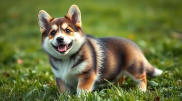 Happy corgi playing in the grass on a sunny day at the park with its joyful expression and lively energy photo
