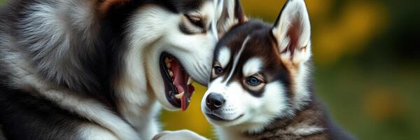 Playful husky puppy sharing a tender moment with an adult dog in a sunny garden setting photo