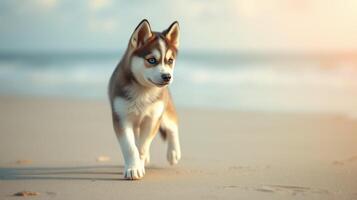 Excited puppy runs along the beach at sunset, enjoying the warm sand and ocean breeze photo
