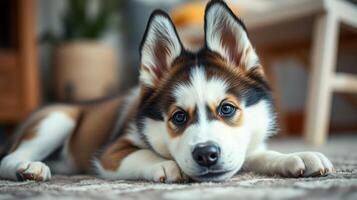 Playful corgi puppy resting comfortably on a cozy rug indoors during a sunny afternoon at home photo