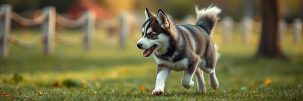 Siberian Husky happily running in a park during golden hour with autumn colors and blurred background photo