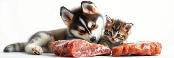 Puppies and kittens enjoying quality time together with raw meat treats in a cozy indoor setting photo
