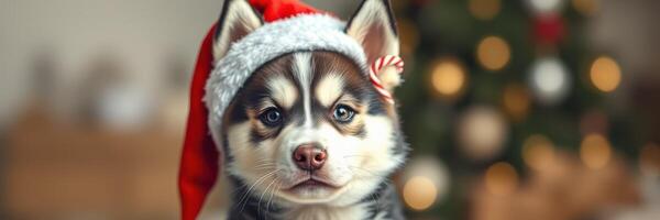 Festive dog wearing a Santa hat celebrating Christmas in a cozy indoor setting with decorated tree in the background photo