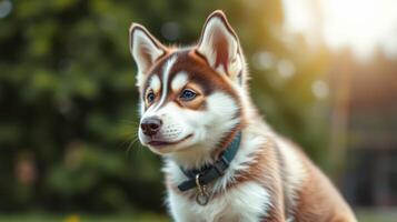 Cute brown and white husky puppy playing in a park during golden hour with soft sunlight filtering through trees photo