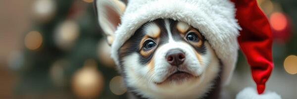 Cute puppy wearing a Santa hat in front of a decorated Christmas tree with lights and ornaments during the holiday season photo