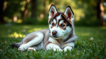 Cute husky puppy relaxing on grass in a sunny park setting during the afternoon photo