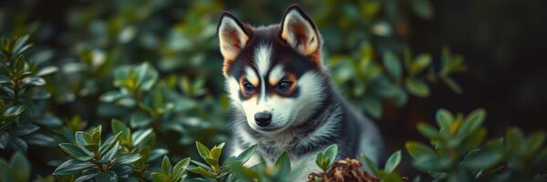 Curious husky puppy exploring lush greenery under soft afternoon light in a tranquil outdoor setting photo