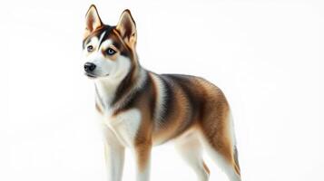 Beautiful husky standing gracefully against a white backdrop, showcasing its striking features and lively spirit photo