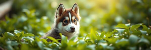 Husky puppy exploring lush greenery in a tranquil outdoor setting during golden hour photo