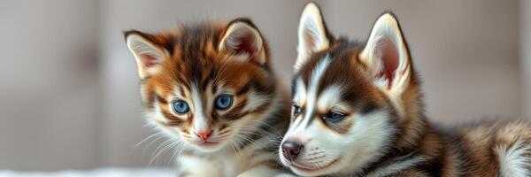 Cute kitten and playful puppy relaxing together indoors during early afternoon sun photo