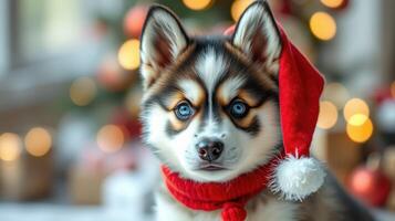 Cute puppy wearing a Santa hat and scarf in front of a decorated Christmas tree with festive lights during the holiday season photo