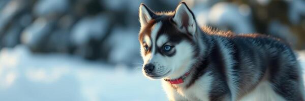 Playful husky puppy exploring a snowy landscape in winter photo