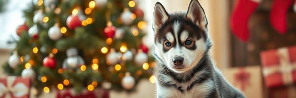 Adorable husky puppy sits in front of a decorated Christmas tree filled with ornaments and gifts during the holiday season photo