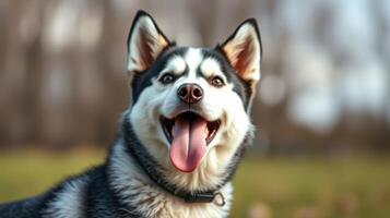 Happy Siberian Husky enjoying a sunny day at the park with a playful expression and tongue out photo