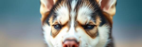 Portrait of a husky puppy with striking features looking directly at the camera on a blurred background photo