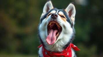 Playful husky enjoys a sunny day outdoors while wearing a red bandana photo