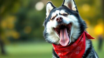 Happy dog wearing a red bandana joyfully lounging in a sunny park during the afternoon photo