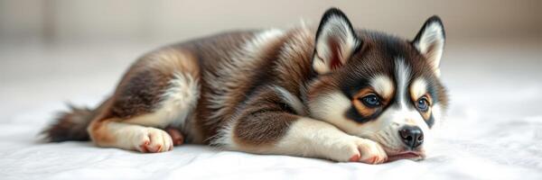 Cute puppy lies on a soft surface, displaying a relaxed and sleepy demeanor in a cozy indoor setting photo