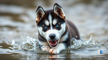 Playful husky puppy splashes joyfully through shallow water on a sunny day photo