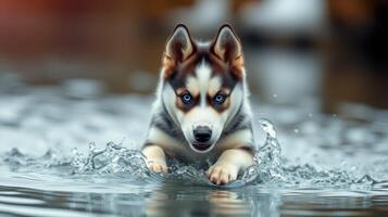 Cute husky puppy splashes through shallow water on a sunny day at the lake photo