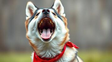 Happy dog wearing a red bandana enjoys the outdoors with a joyful howl in a sunny setting photo