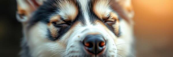 Husky puppy enjoying a moment of tranquility in soft evening light outdoors photo