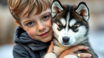 Young boy joyfully holds a fluffy puppy in a sunny outdoor setting, capturing a moment of friendship and affection photo