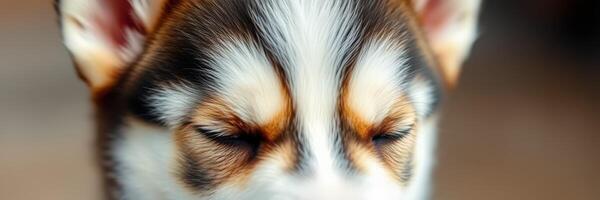 Close-up of a sleeping puppy with closed eyes, capturing the essence of a peaceful moment at home photo