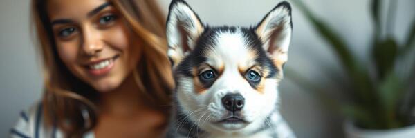 Smiling young woman sitting with cute corgi puppy in a cozy indoor setting surrounded by greenery photo