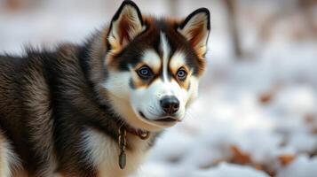 Captivating husky puppy exploring a snowy landscape during winter photo