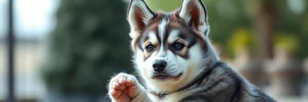 Cute puppy waves hand while sitting in a sunny outdoor setting in springtime photo