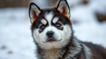 Cute husky puppy with striking blue eyes enjoying the snowy landscape in winter photo