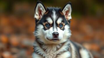 Cute husky puppy with striking blue eyes sitting in a forest during autumn photo