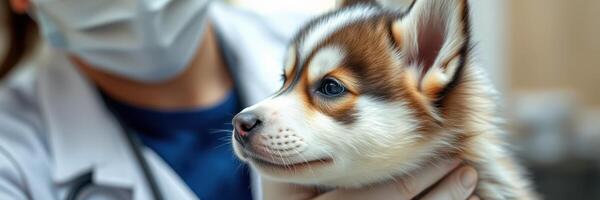 Vet visit for a young husky puppy in a clinic with a caring veterinarian photo