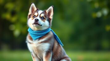 Cute puppy wearing a blue scarf sits calmly in a lush green park during a sunny afternoon photo