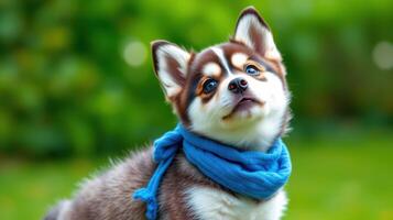 Cute dog wearing a blue scarf while curiously looking up in a lush green park during a sunny day photo