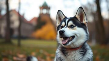 Happy husky enjoying a sunny autumn day in the park with colorful leaves and a historic building in the background photo
