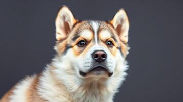 Dog with distinctive markings poses against a neutral background, capturing attention with its alert expression and expressive eyes photo
