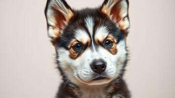 Puppy with striking fur pattern poses for a close-up capture in a neutral backdrop at a cozy indoor setting photo